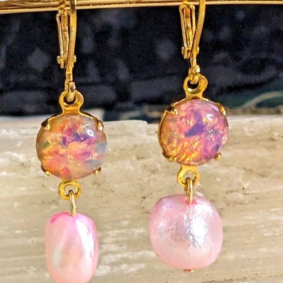 Pink Fire Opal & Freshwater Pink Baroque Pearls in 14K Gold Plated Drop Earrings - Picture 4 of 6